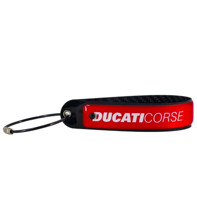 Ducati Corse Beyaz Logolu Kırmızı, 5D Karbon Fiber, Çelik Tel Uçlu At Nalı Anahtarlık