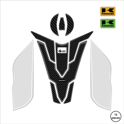 Kawasaki Z900 2025 ile Uyumlu Kaydırmaz 6D Karbon ve Şeffaf 12 Parça Tank Pad Seti GC72